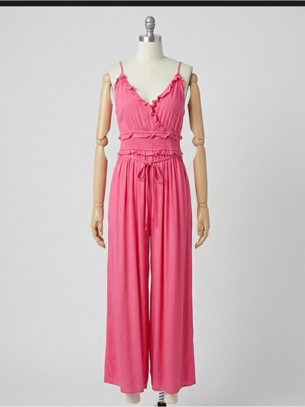 iris Hot Pink Ruffle-Trim Wide Leg Jumpsuit
